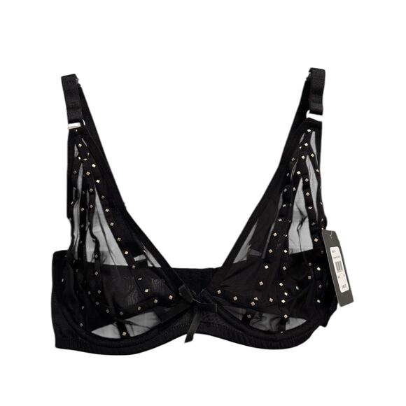 NWT! Frederick's of Hollywood Rozlyn Sheer Black Mesh and Stud Bra 32F - Picture 2 of 4
